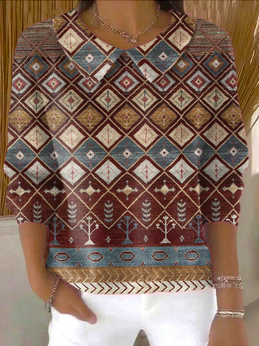 womens-vintage-ethnic-rhombus-geometric-painting-art-print-casual-peter-pan-collar-3-4-sleeve-sweater
