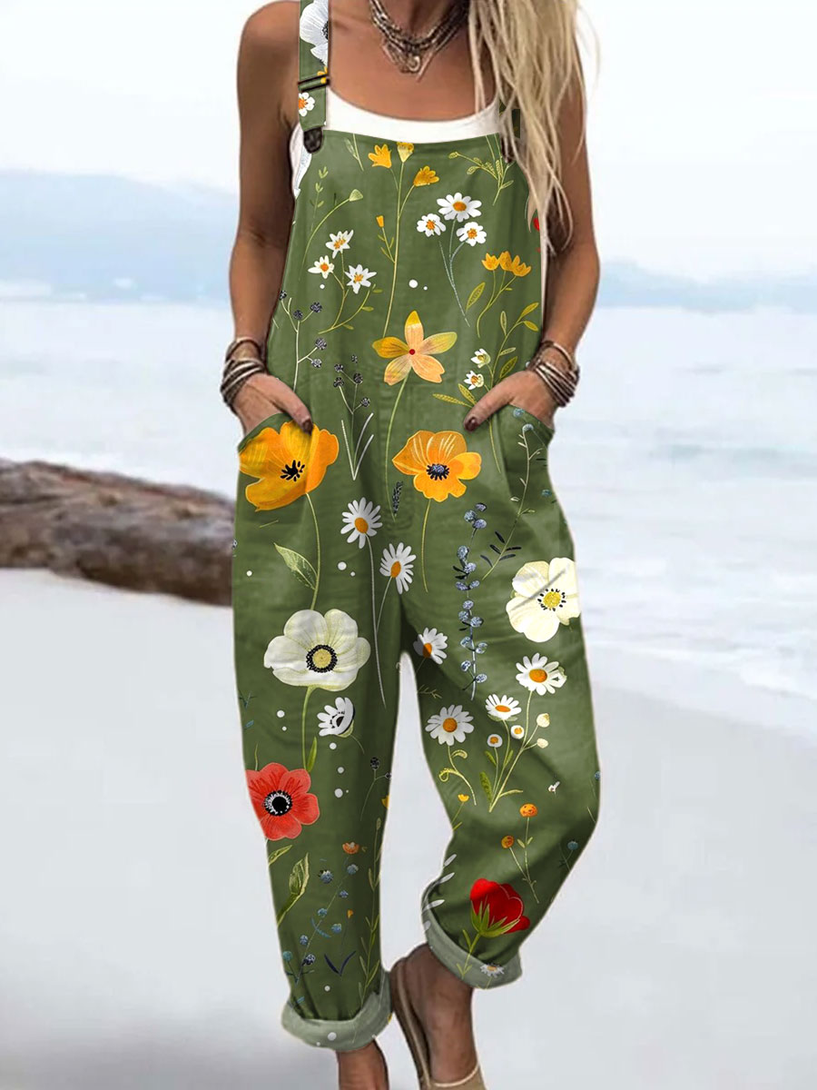Women's Vintage Floral Art  Print Casual 100% Cotton Wide Leg Jumpsuit