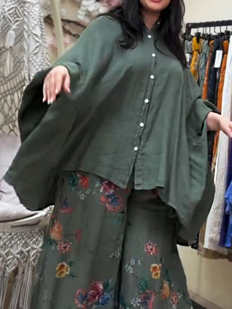 Women's Lapel Batwing Sleeve Casual Loose Cotton Shirt