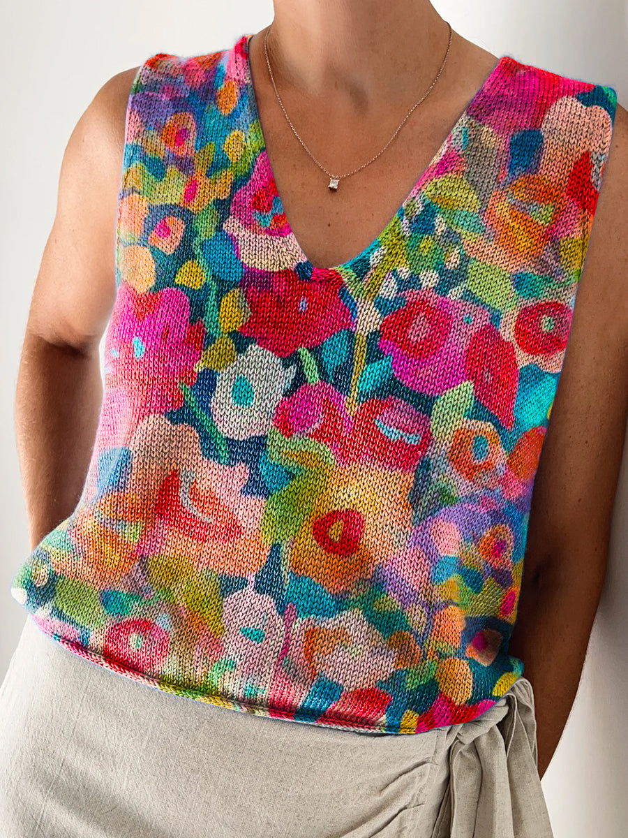 Women's Beautiful Colorful Floral Painting Art Print Casual V Neck Top Knitting