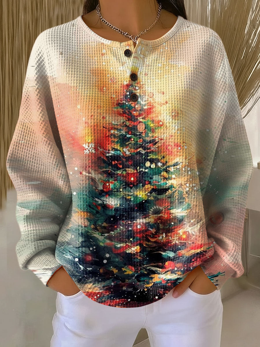 Women's Christmas Tree Pattern Art Print Casual Cotton Shirt