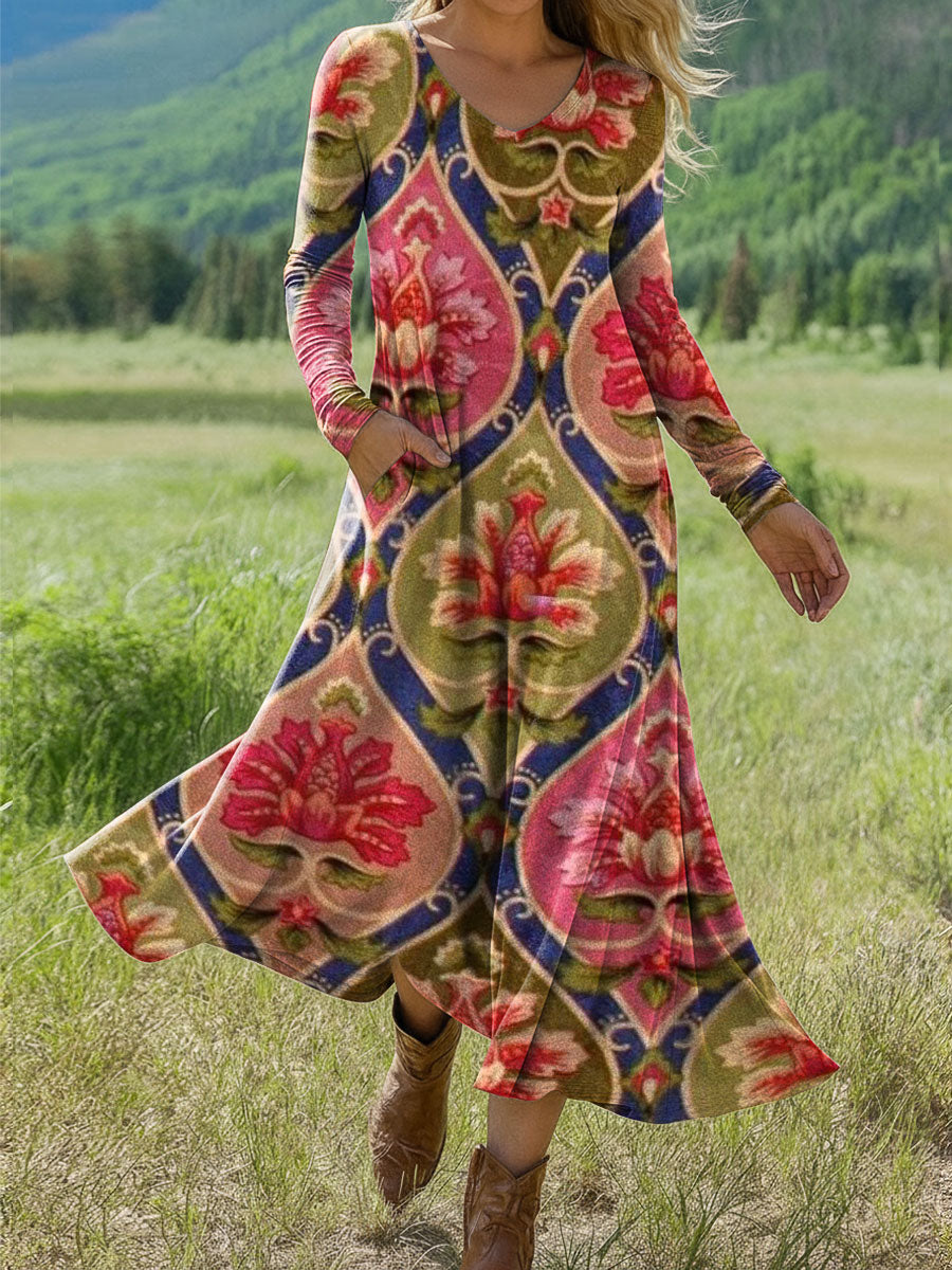 Women's Retro Flowers Pattern Print Art Print Long-sleeved Dress