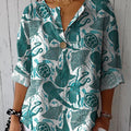 Vibrant Sea Creatures Pattern Printed Women's Casual Cotton Linen Shirt