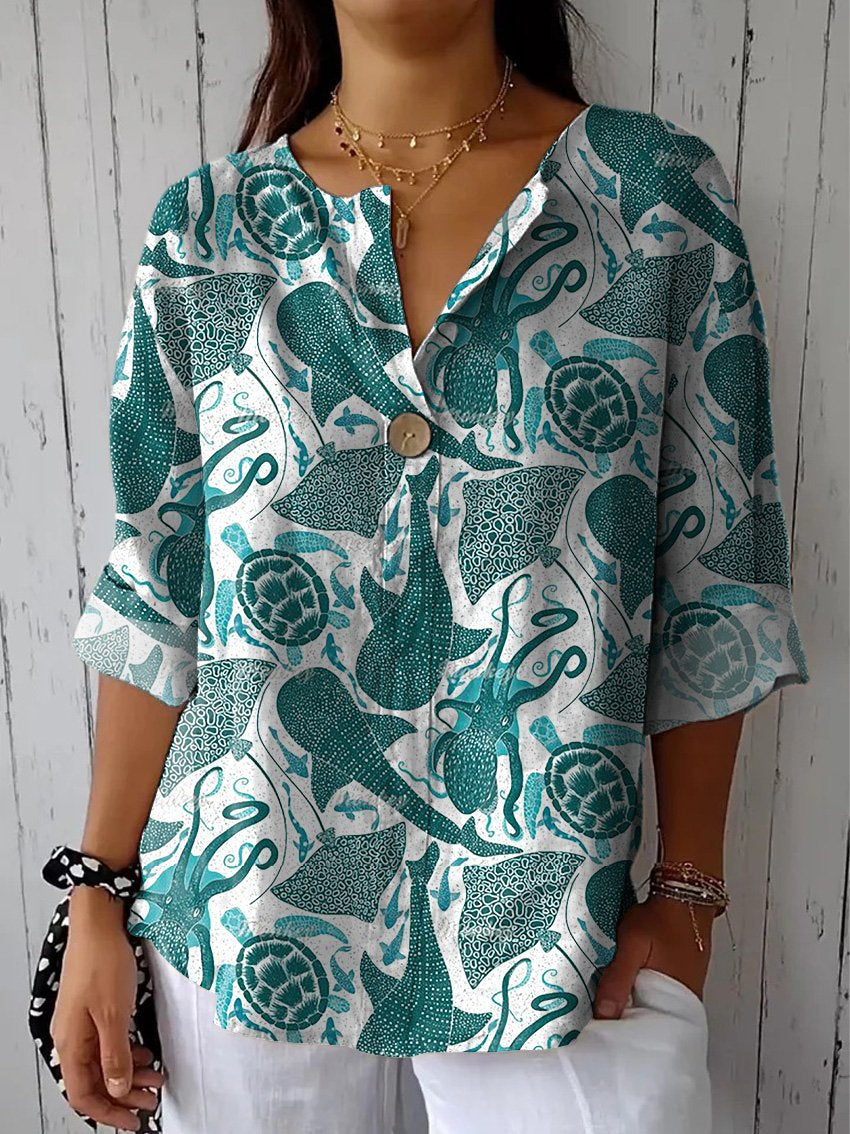 Vibrant Sea Creatures Pattern Printed Women's Casual Cotton Linen Shirt
