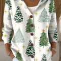 Women's  Christmas Tree Art Printed Casual Hooded Button Sweater