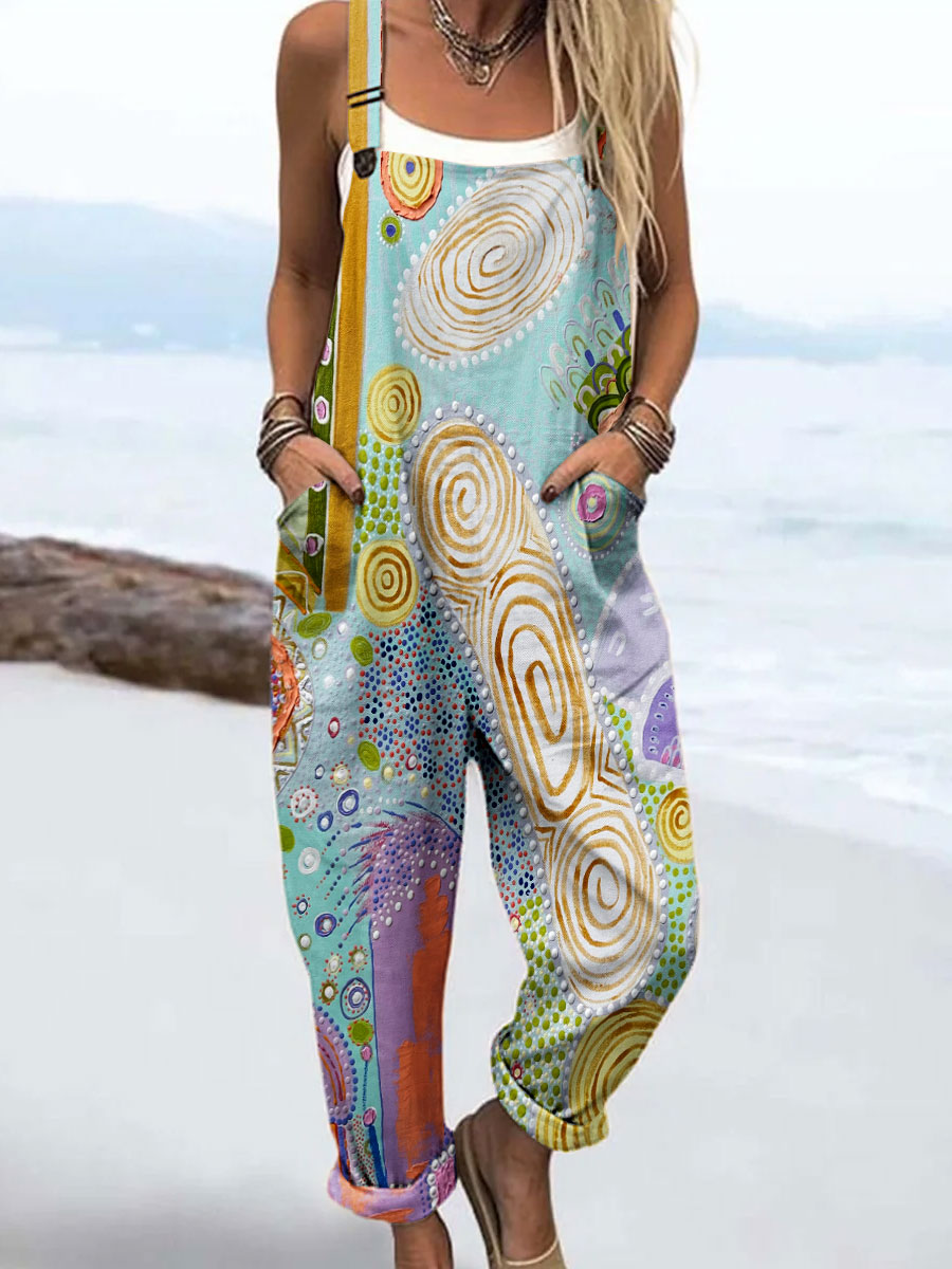 Women's Vintage Abstract Geometry Art Print Casual 100% Cotton Wide Leg Jumpsuit