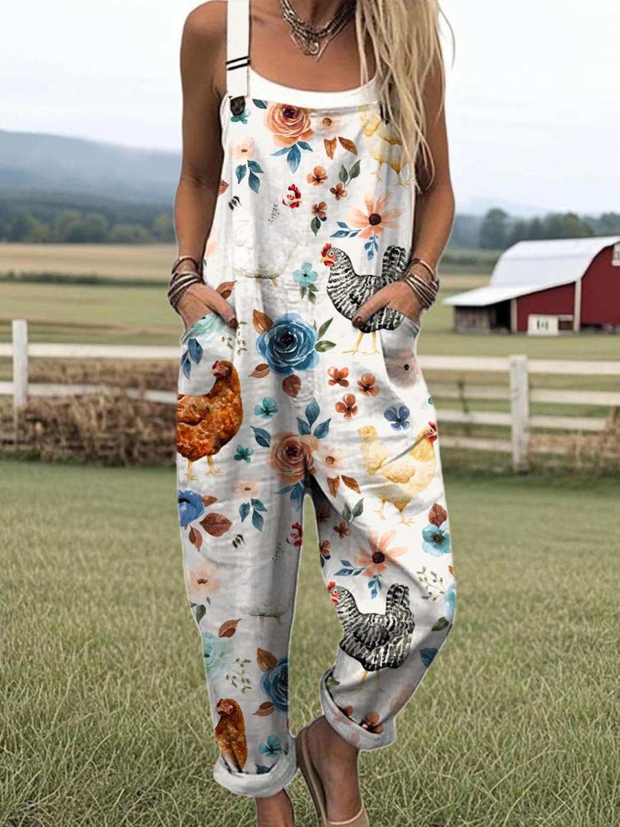 Women's Lovely Chicken Pattern Art Print Casual 100% Cotton Wide Leg Jumpsuit
