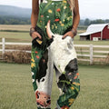 Women's Lovely Cow Art Print Casual 100% Cotton Wide Leg Jumpsuit