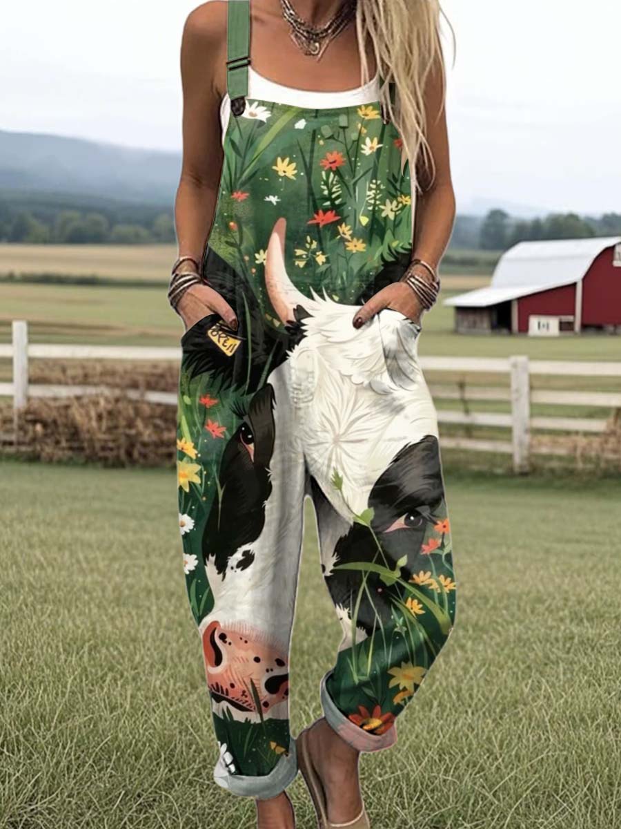 Women's Lovely Cow Art Print Casual 100% Cotton Wide Leg Jumpsuit
