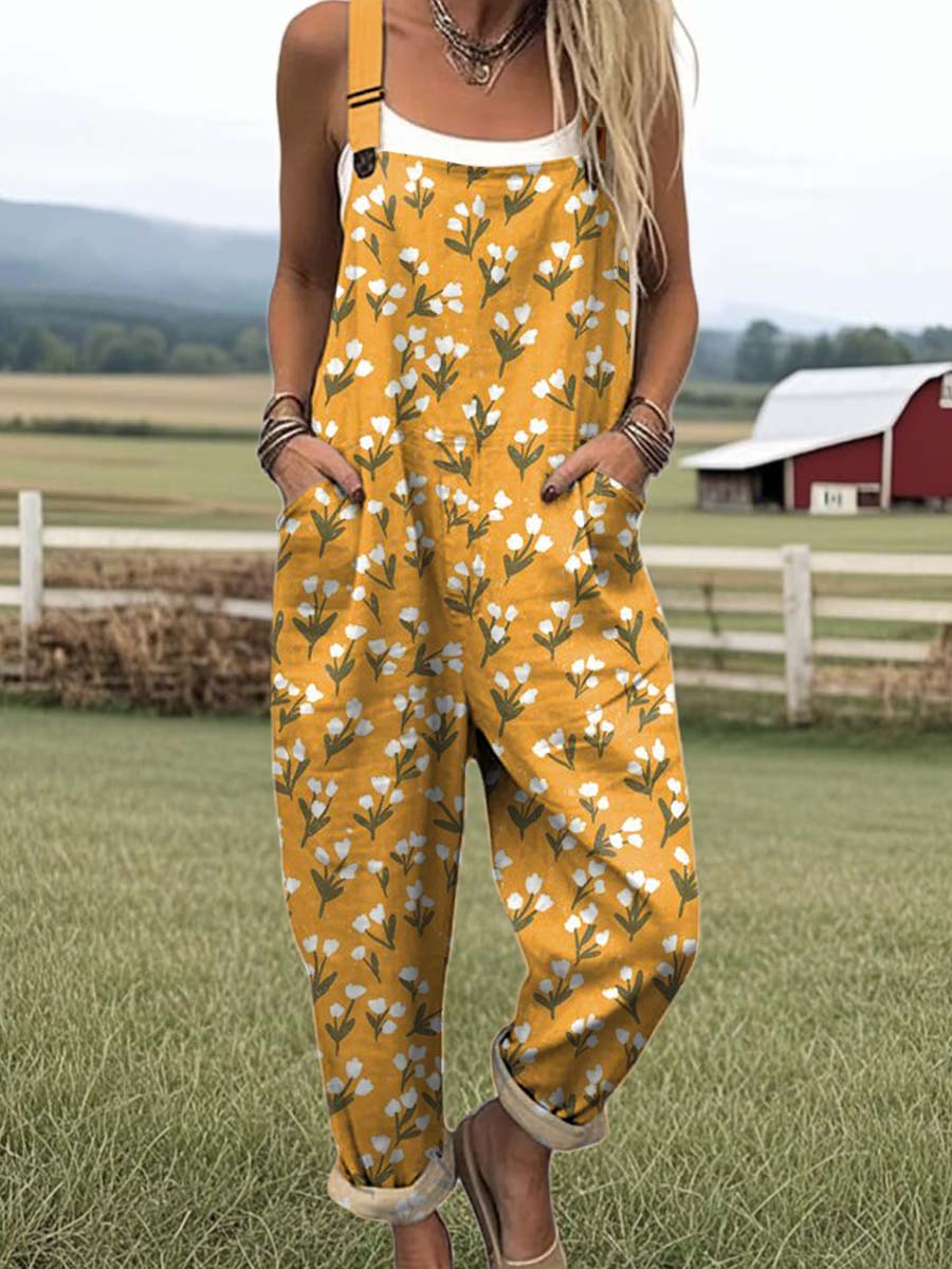 Women's Lovely Flowers Art Print Casual 100% Cotton Wide Leg Jumpsuit