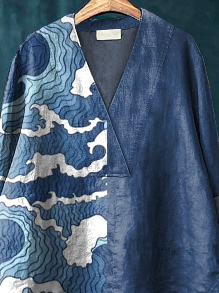 Japanese Sea Wave Art Printed Women's Casual Cotton And Linen V-Neck Shirt