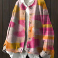 Women's Round Neck Colorful Oil Painting Print Long Sleeve Button Cardigan