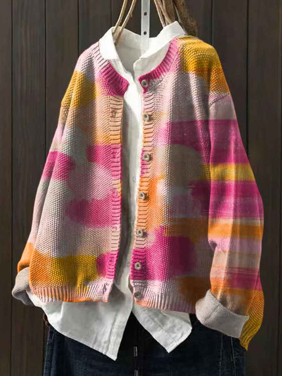 Women's Round Neck Colorful Oil Painting Print Long Sleeve Button Cardigan