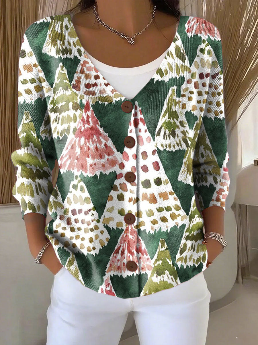Christmas Tree Print Buttoned V-neck Cardigan Sweater