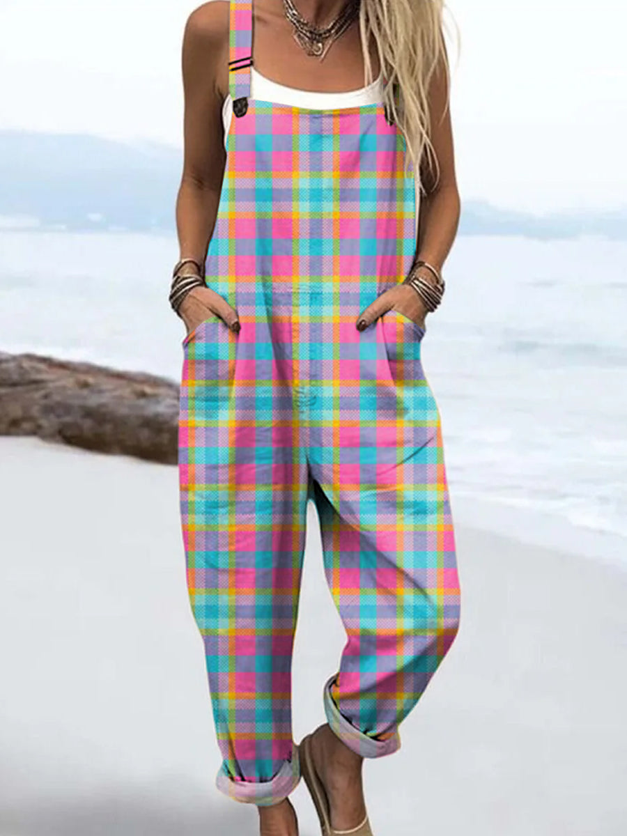 Women's Artistic Colour Plaid Print Casual 100% Cotton Wide Leg Jumpsuit