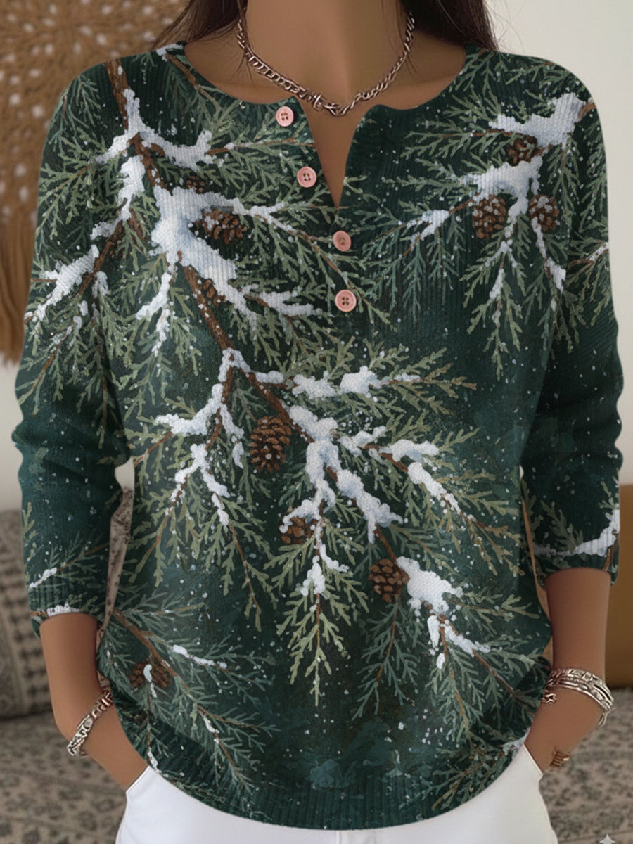 Women's Cozy Cedar Print Henley Neck Sweater Top