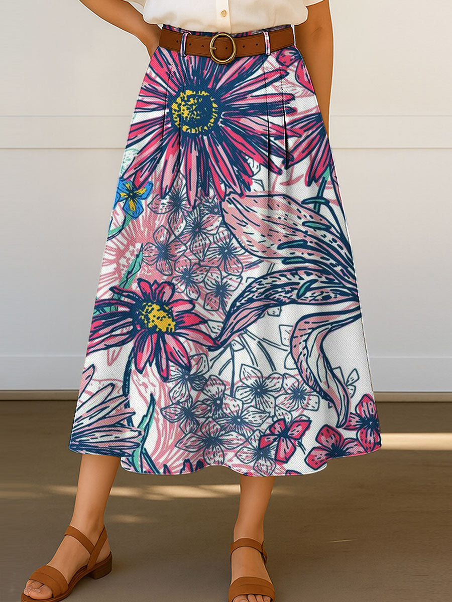 Women's Retro Pattern Print High Waist Casual A-Line Skirt