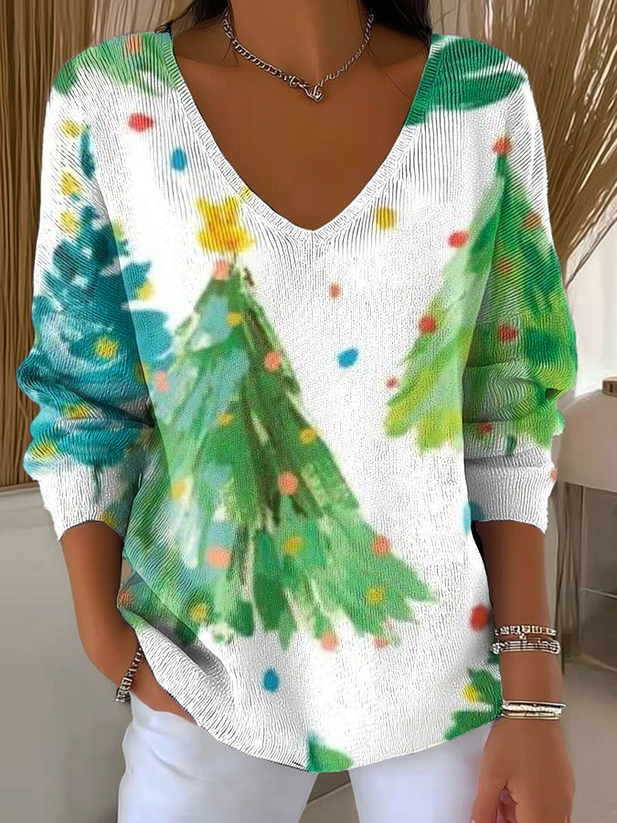 Women's Christmas Tree Pattern Print Casual Pullover Sweater