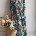 Women's Vintage Floral Art Print Casual Cotton And Linen Pocket Dress