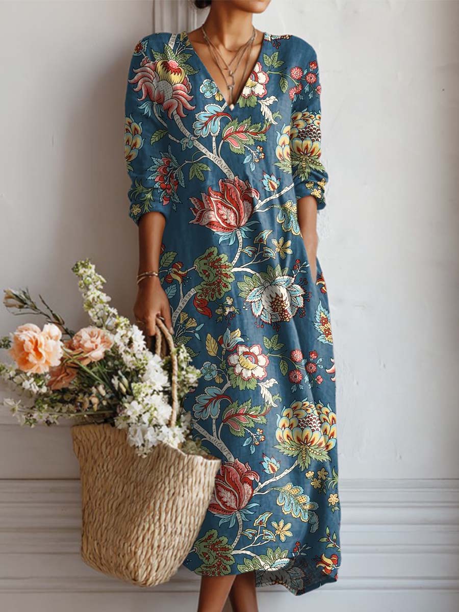 Women's Vintage Floral Art Print Casual Cotton And Linen Pocket Dress