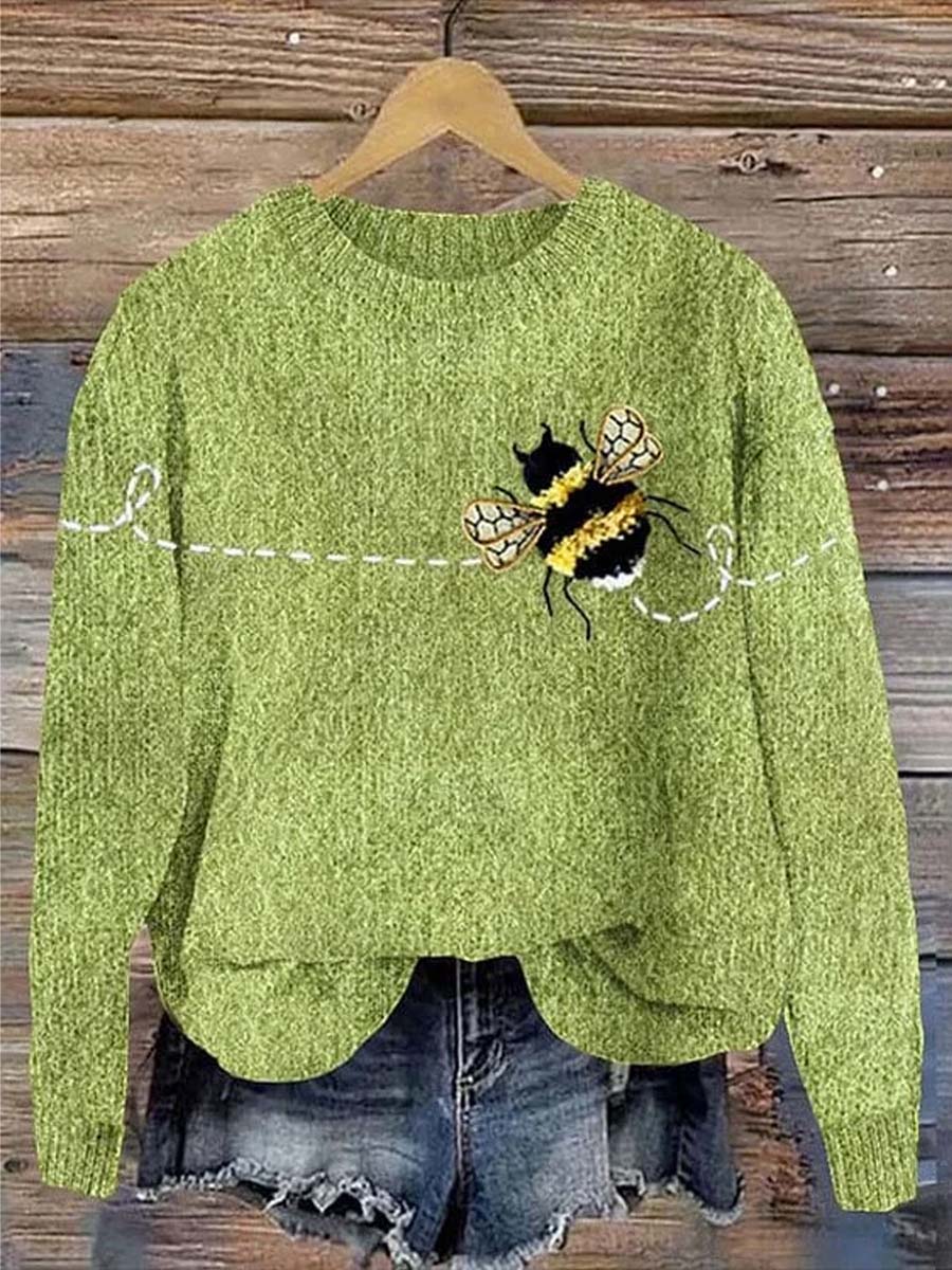 womens-lovely-bee-art-print-knit-pullover-sweater
