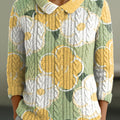 Women's Cute Large Flower Painting Art Print Casual Peter Pan Collar 3/4 Sleeve Sweater