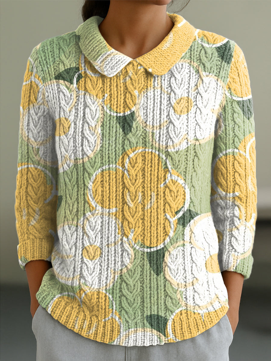 Women's Cute Large Flower Painting Art Print Casual Peter Pan Collar 3/4 Sleeve Sweater