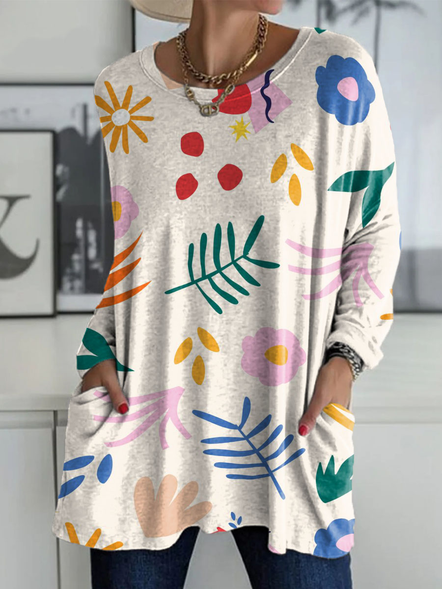 Women's Irregular Colored Leaves And Flowers Print Casual V-neck Long Sleeve T-shirt