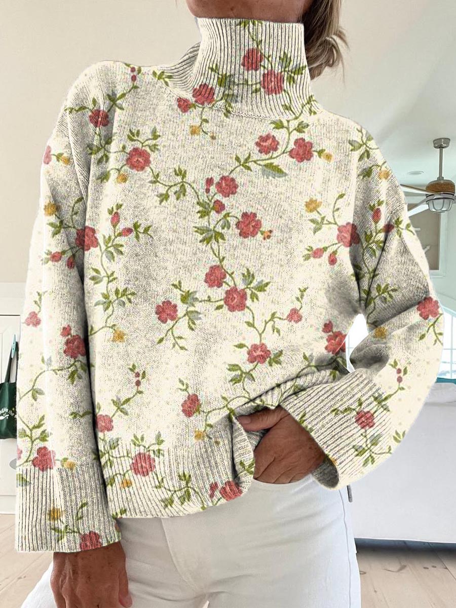 womens-lovely-floral-pattern-art-print-knit-turtleneck-pullover-sweater-zv77