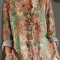 Damen-Bluse im Vintage-Stil mit ethnischem Blumen- und geometrischem Muster, Kunstdruck, lässiges Baumwoll-Leinen-Mützchen mit Rüschen 
