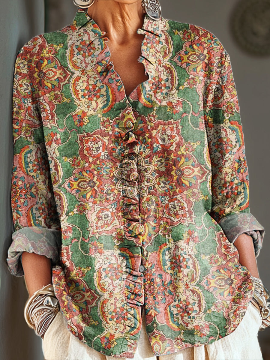 Women's Vintage Ethnic Floral Geometric Pattern Painting Art Print Casual Cotton And Linen Ruffle Shirt