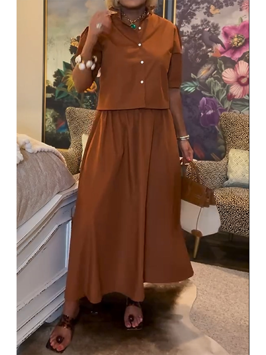 Women's Casual Short-sleeved 100% Cotton Top and Skirt Two-piece Set