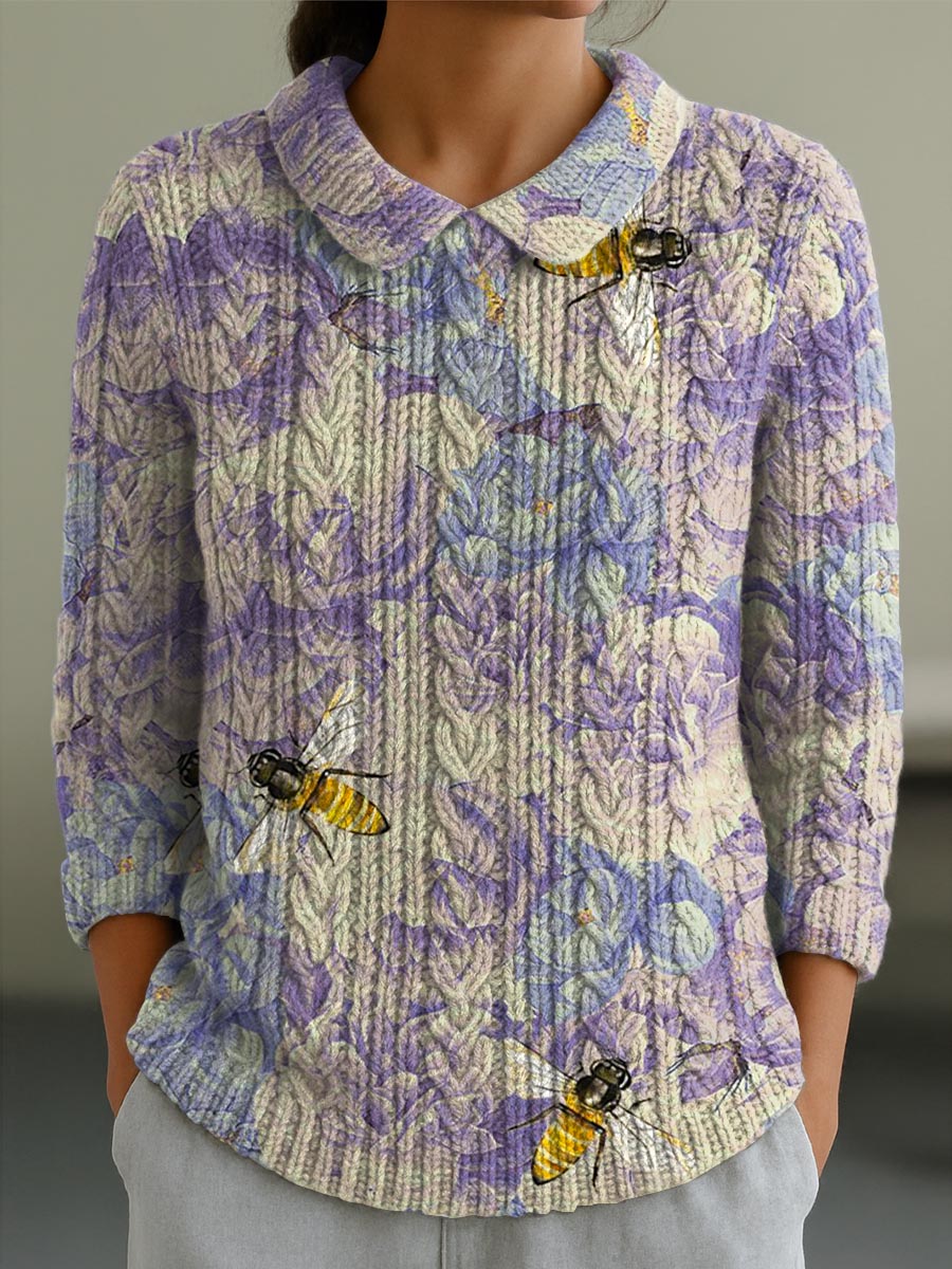 womens-vintage-floral-bees-pattern-art-print-casual-peter-pan-collar-3-4-sleeve-sweater