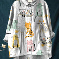 Women's Lovely Cats Art Print Casual Cotton And Linen Ruffle Shirt