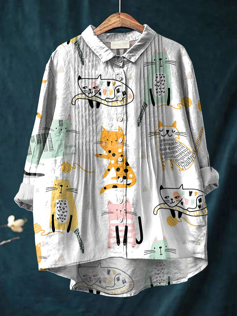 Women's Lovely Cats Art Print Casual Cotton And Linen Ruffle Shirt