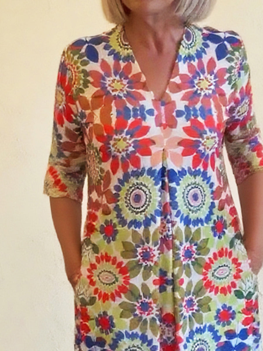 Women's V-neck Natural Pleated Floral Print Comfortable Dress