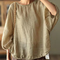 Women's Solid Color Round Neck 3/4 Sleeves Casual Loose Pullover Cotton and Linen Tops