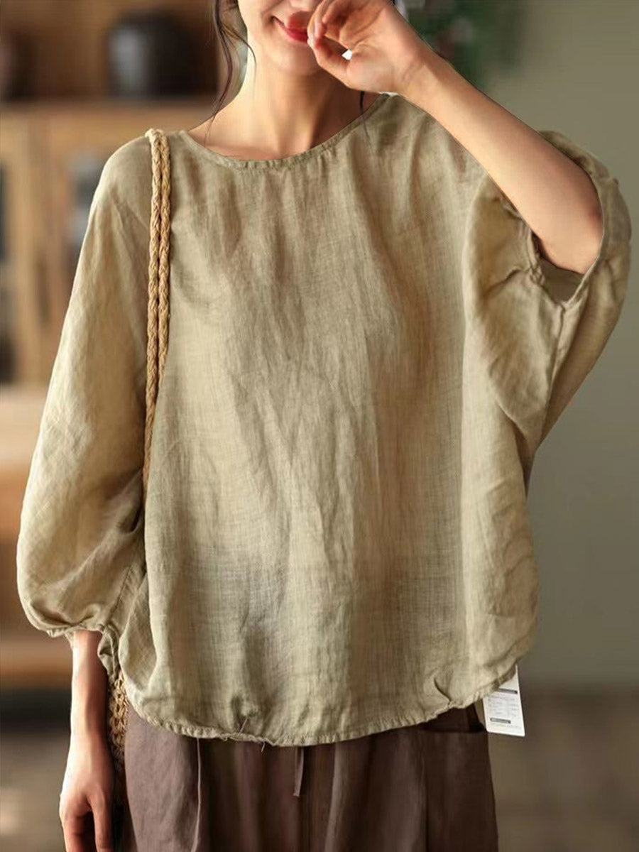 Women's Solid Color Round Neck 3/4 Sleeves Casual Loose Pullover Cotton and Linen Tops