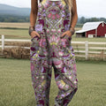 Damen-Jumpsuit mit Vintage-Blumenmuster, lässig, aus 100 % Baumwolle, weites Bein 