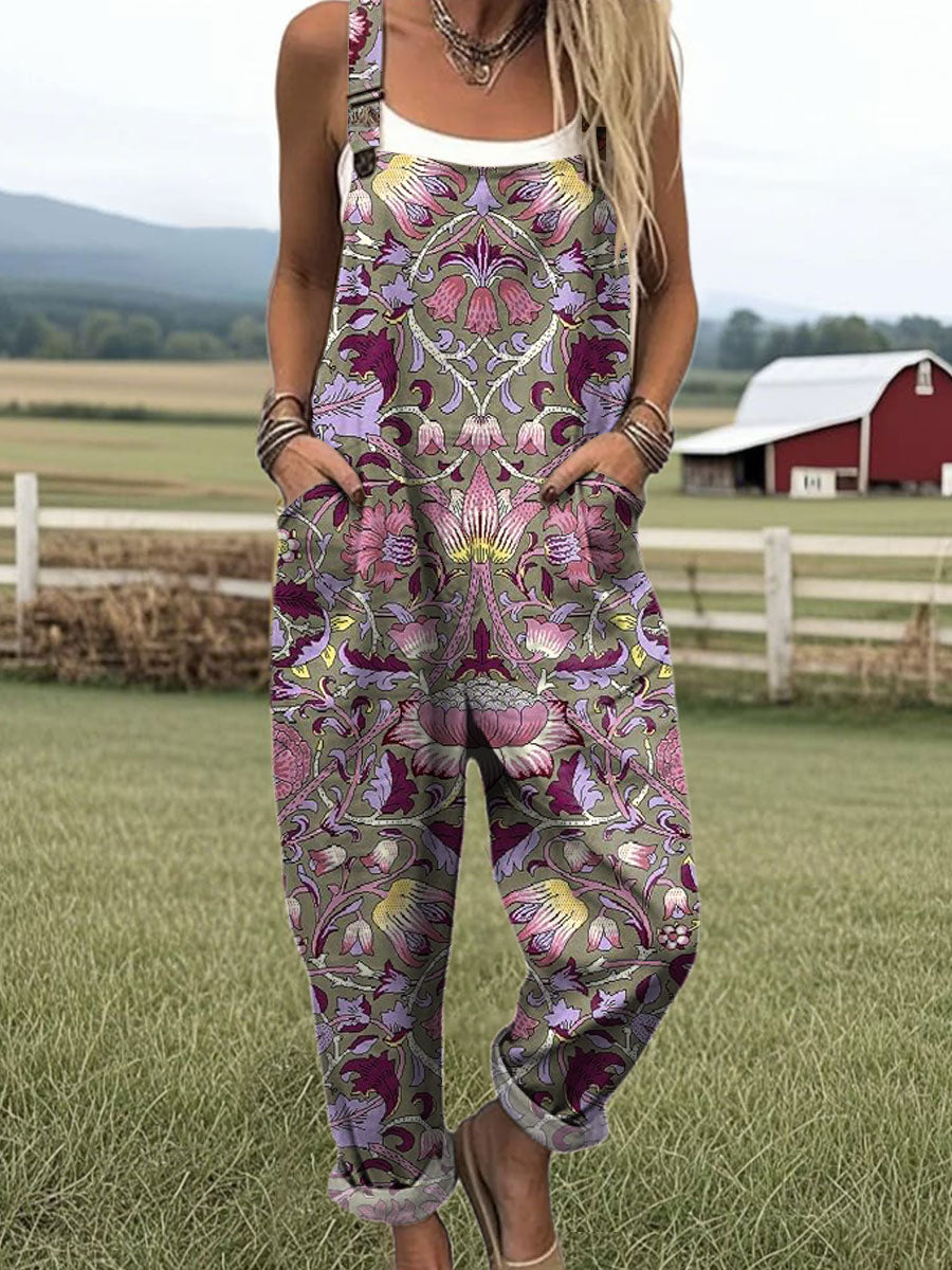 Women's  Vintage Floral Art Print Casual 100% Cotton Wide Leg Jumpsuit