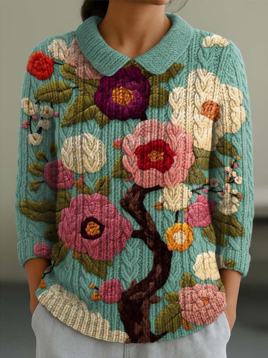 womens-vintage-floral-art-print-casual-peter-pan-collar-3-4-sleeve-sweater-3x6n