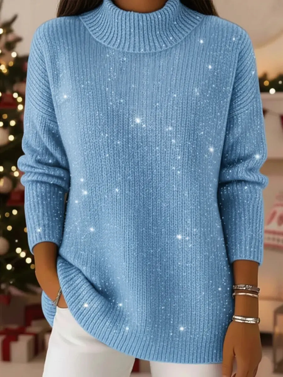 Women's Solid Color Stand Collar Casual Loose Sequined Knit Sweater