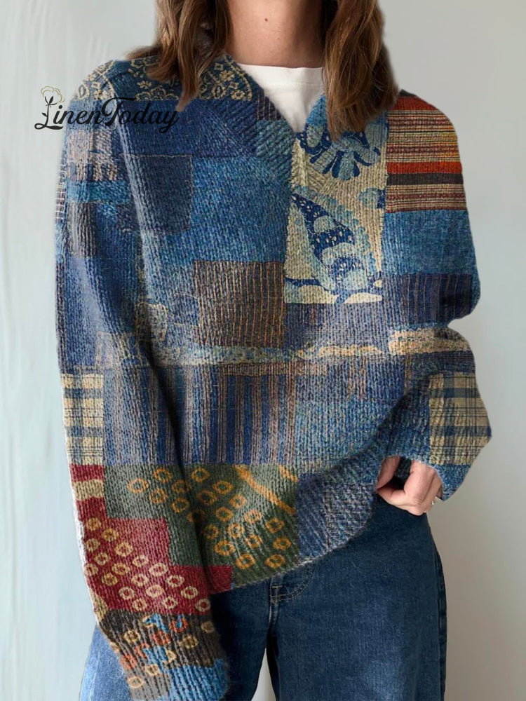 Women's Vintage Patchwork Print Casual V-neck Pullover Knit