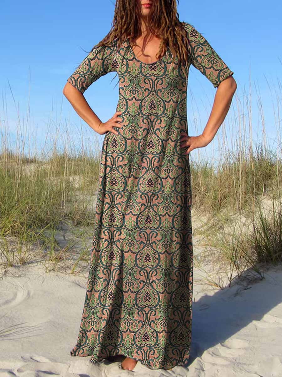 Women's Round Neck Vintage Graphic Print Short Sleeve Dress