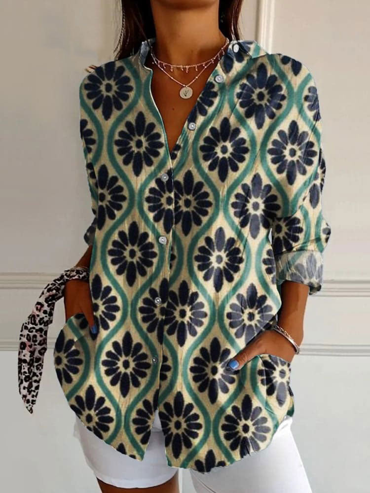 Women's  Retro Floral Art  Print Casual Cotton Shirt