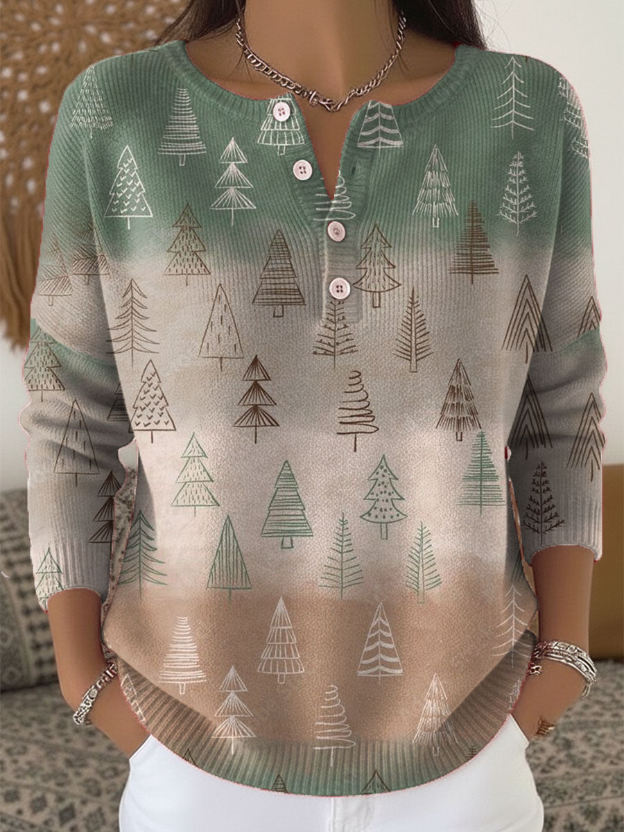 Vintage Christmas Tree Art Print Buttoned Cardigan Sweater