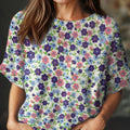 womens vintage floral art print casual crew neck short sleeve knitted sweater