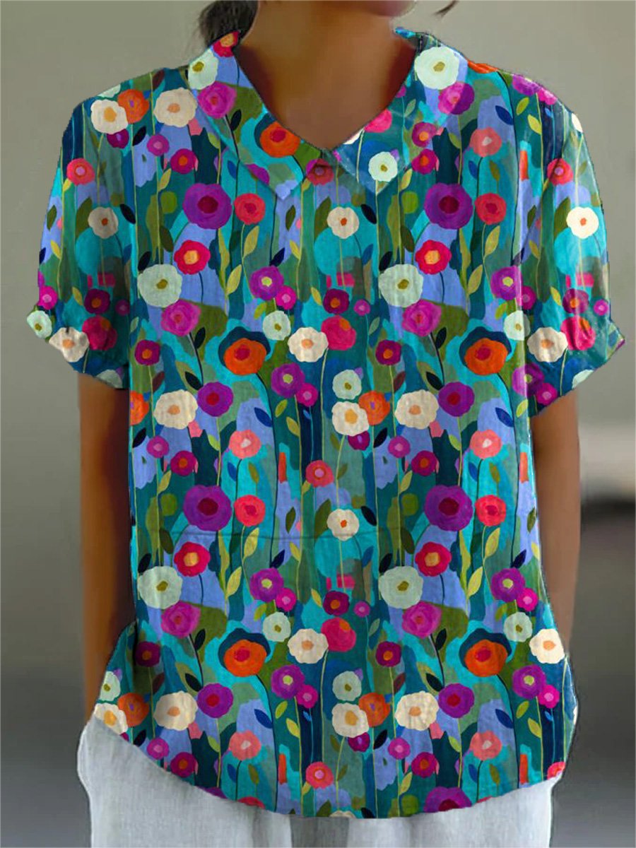 Oil Painting Summer Garden Pattern Printed Women's Casual Cotton And Linen Shirt
