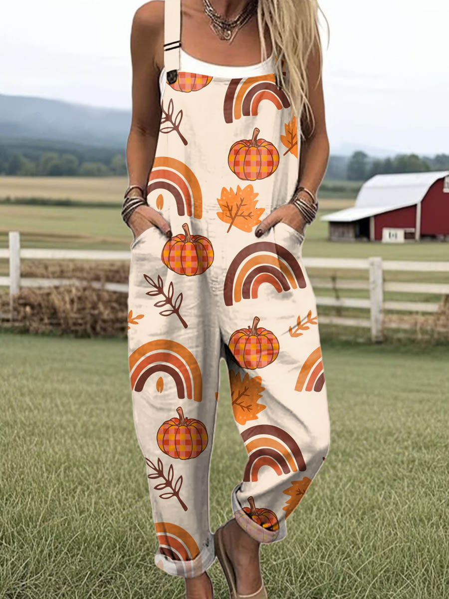 Women's Lovely Pumpkin Pattern Art Print Casual 100% Cotton Wide Leg Jumpsuit