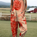 Women's  Vintage Flower Art Print Casual 100% Cotton Wide Leg Jumpsuit